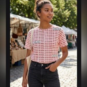 Maeve White Tee with Red Text Repeat Message